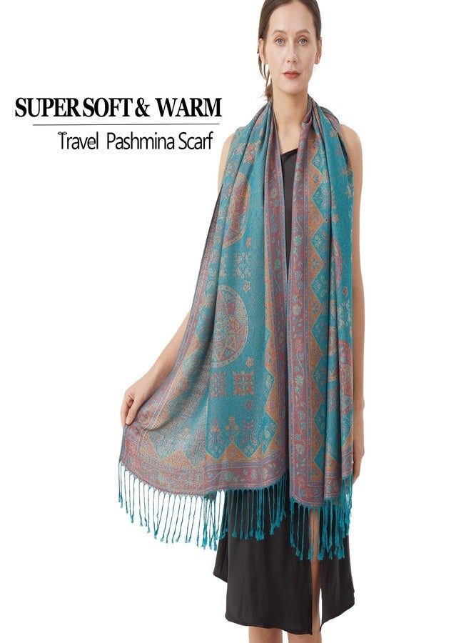 Nonakgado Turquoise Pashmina Scarf-Ladies Boho Jacquard Pashmina Wraps and Shawls for Travel Spring Fall Winter(Sy4-Turquoise) - Image 3